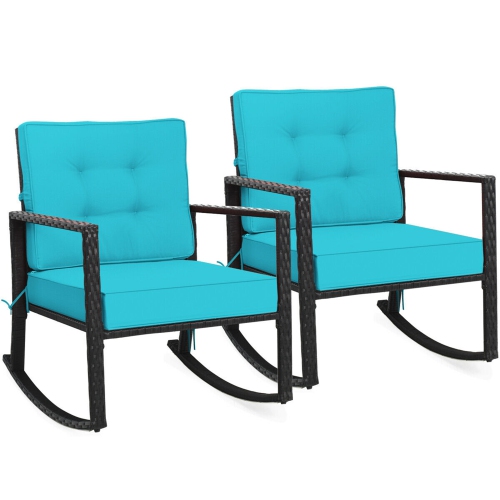 Gymax 2PCS Outdoor Wicker Rocking Chair Patio Rattan Single Chair Glider w/ Turquoise Cushion
