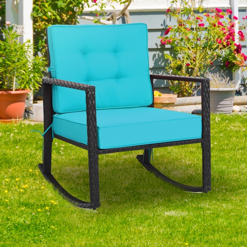 Gymax 2PCS Outdoor Wicker Rocking Chair Patio Rattan Single Chair Glider w/ Turquoise Cushion
