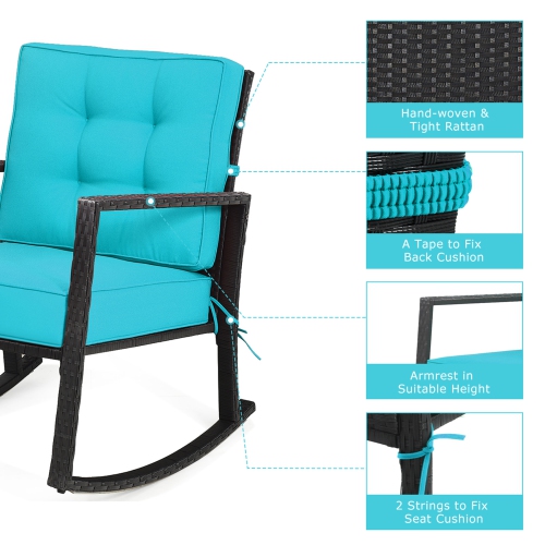 Gymax 2PCS Outdoor Wicker Rocking Chair Patio Rattan Single Chair Glider w/ Turquoise Cushion