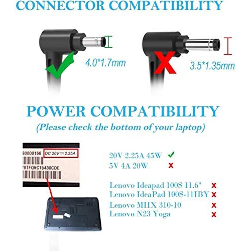 【4.0 * 1.7 mm】 45W Laptop Adapter Charger for Lenovo IdeaPad 100-14iby100S 110 120 120S 320 320S 330 500 500s 510 520