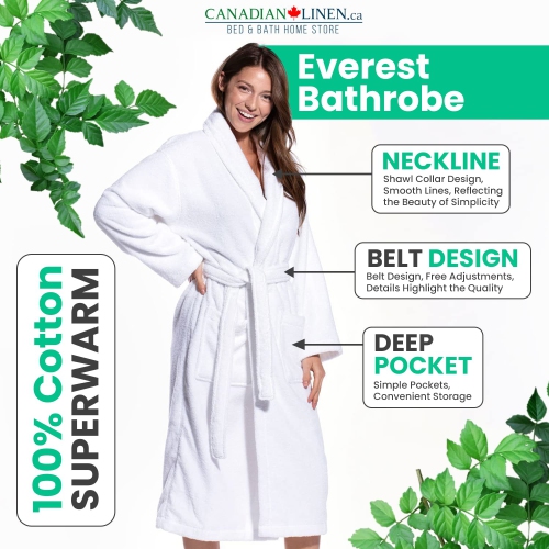 Canadian Linen Everest Shawl Collar Cotton Terry Bathrobe, 100% Ring Spun Cotton 350 GSM Housecoat Unisex Two Large Pocket Sleepwear - Super Soft