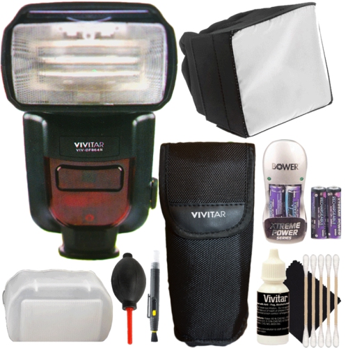 Vivitar DF-864 DSLR Speedlight Flash for Nikon DSLR Cameras + Flash Diffuser + Batteries and Charger + Len Pen + Dust Blower + 3pc Cleaning Kit