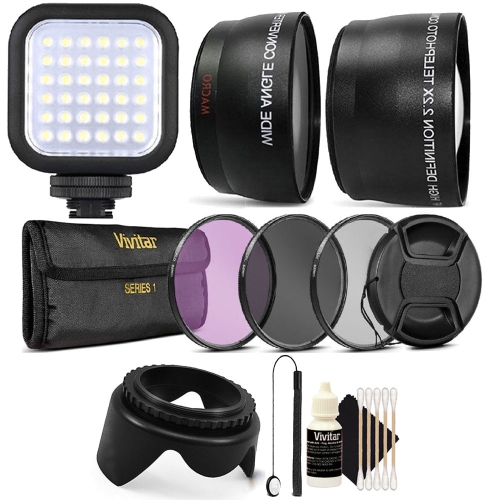 Compact LED Light + Wide Angle Lens & Telephoto Lens Kit for 55mm + Filter Kit + Tulip Lens Hood + Lens Cap + Lens Cap Holder + 3pc Cleaning Kit