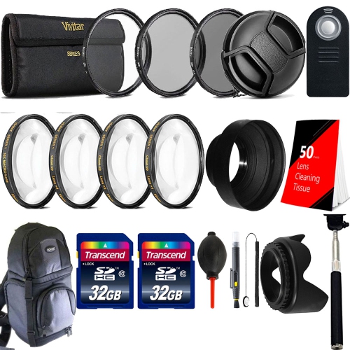 58mm UV CPL ND Filter + Macro Kit + Rubber Hood + Tulip Lens Hood + 64GB Memory Card + lens Pen + Dust Blower + Backpack + Selfie Stick 50 Lens Tissue