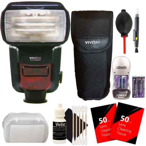 Vivitar DF-864 DSLR Speedlight Flash for Nikon DSLR Cameras + Batteries and Charger + Len Pen + Dust Blower + 100 Lens Tissue + 3pc Cleaning Kit