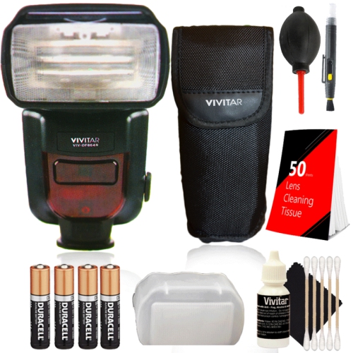 Vivitar DF-864 DSLR Speedlight Flash for Nikon DSLR Cameras + Four AA Batteries + Len Pen + Dust Blower + 50 Lens Tissue + 3pc Cleaning Kit