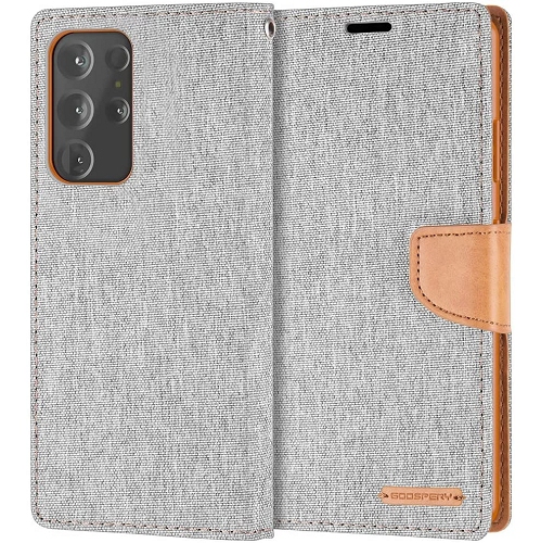 TopSave Goospery CANVAS Card Slot Fabric Folio Wallet Flip Case For Samsung S21 Ultra, Gray