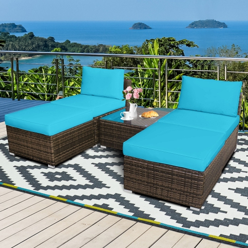 GYMAX  5PCs Outdoor Patio Furniture Set W/ Coffee Table Ottoman Cushion In Turquoise