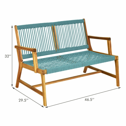 Gymax Wooden Rope Bench Loveseat Patio Garden Outdoor w/ Backrest & Armrest