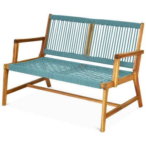 Gymax Wooden Rope Bench Loveseat Patio Garden Outdoor w/ Backrest & Armrest