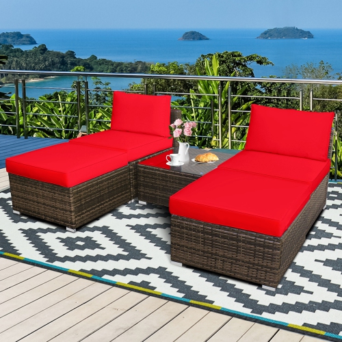 GYMAX  5PCs Outdoor Patio Furniture Set W/ Coffee Table Ottoman Cushion In Red