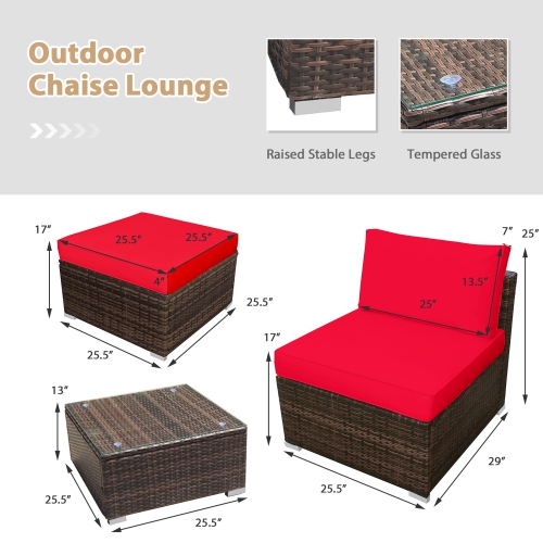 Gymax 5PCS Outdoor Patio Furniture Set w/ Coffee Table Ottoman Red Cushion