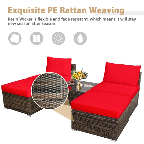 Gymax 5PCS Outdoor Patio Furniture Set w/ Coffee Table Ottoman Red Cushion