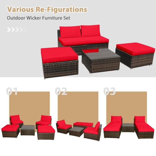 Gymax 5PCS Outdoor Patio Furniture Set w/ Coffee Table Ottoman Red Cushion