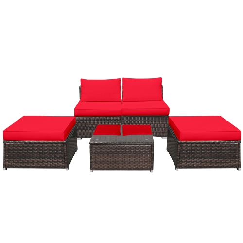 Gymax 5PCS Outdoor Patio Furniture Set w/ Coffee Table Ottoman Red Cushion
