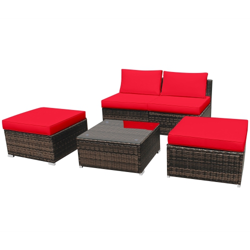 Gymax 5PCS Outdoor Patio Furniture Set w/ Coffee Table Ottoman Red Cushion