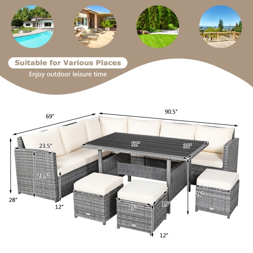 Gymax 7PCS Rattan Patio Sectional Sofa Set Conversation Set w/ White Cushions