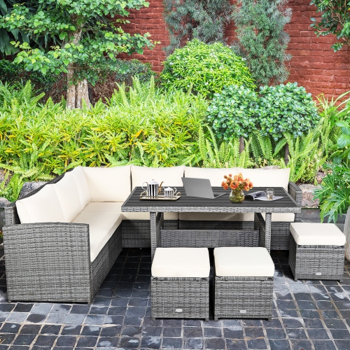 Gymax 7PCS Rattan Patio Sectional Sofa Set Conversation Set w/ White Cushions