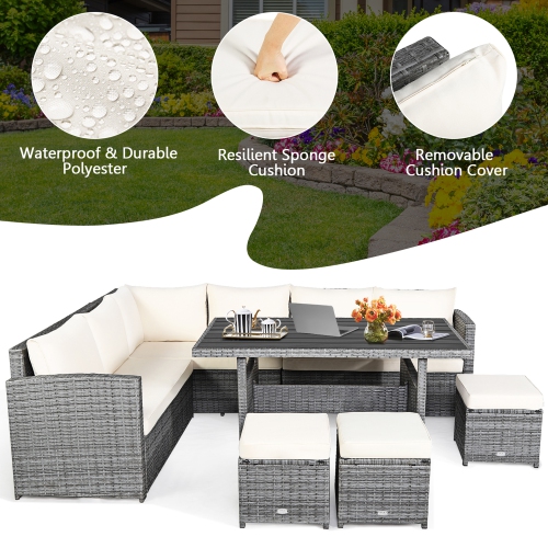 Gymax 7PCS Rattan Patio Sectional Sofa Set Conversation Set w/ White Cushions