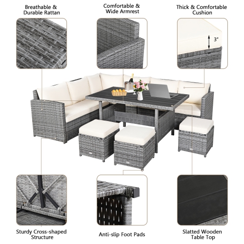 Gymax 7PCS Rattan Patio Sectional Sofa Set Conversation Set w/ White Cushions