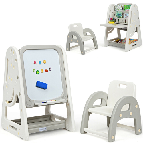 Gymax 2 in 1 Kids Easel Desk Chair Set Book Rack Adjustable Art Painting Board Blue/Gray