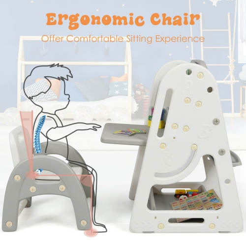 Gymax 2 in 1 Kids Easel Desk Chair Set Book Rack Adjustable Art Painting Board Blue/Gray