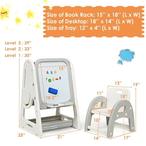 Gymax 2 in 1 Kids Easel Desk Chair Set Book Rack Adjustable Art Painting Board Blue/Gray