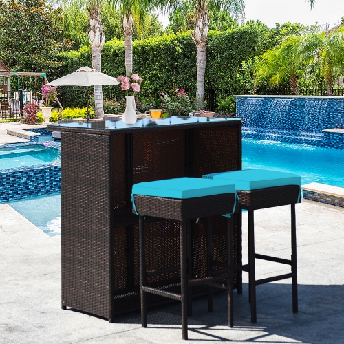 GYMAX  3PCs Rattan Patio Bar Table & Stool Set Dining Set W/ Cushion In Turquoise