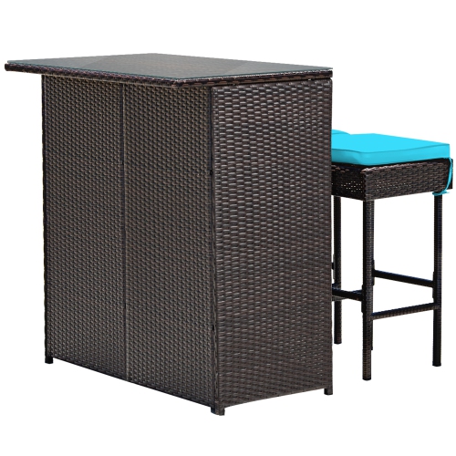 Gymax 3PCS Rattan Patio Bar Table & Stool Set Dining Set w/ Turquoise Cushion