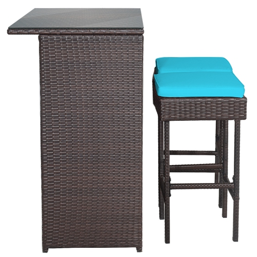 Gymax 3PCS Rattan Patio Bar Table & Stool Set Dining Set w/ Turquoise Cushion