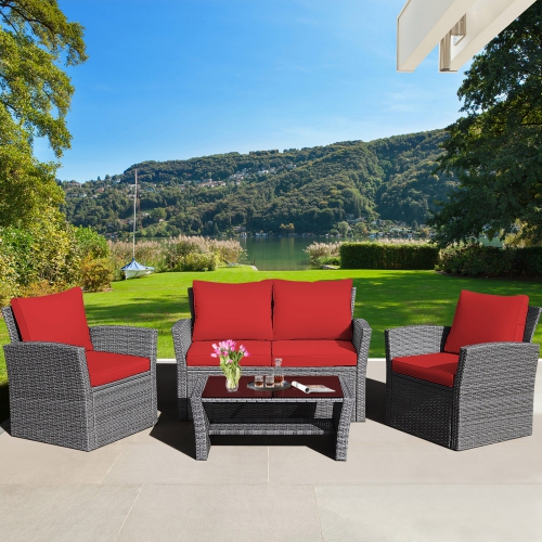 4PCS Ensemble de mobilier en rotin pour patio d'extérieur avec coussins Gymax