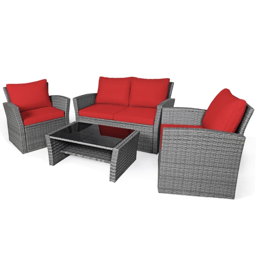 Gymax 4PCS Patio Rattan Conversation Set Outdoor Furniture Set w/ Red Cushions