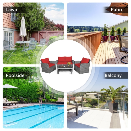 Gymax 4PCS Patio Rattan Conversation Set Outdoor Furniture Set w/ Red Cushions