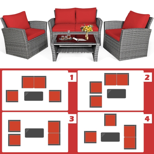 Gymax 4PCS Patio Rattan Conversation Set Outdoor Furniture Set w/ Red Cushions
