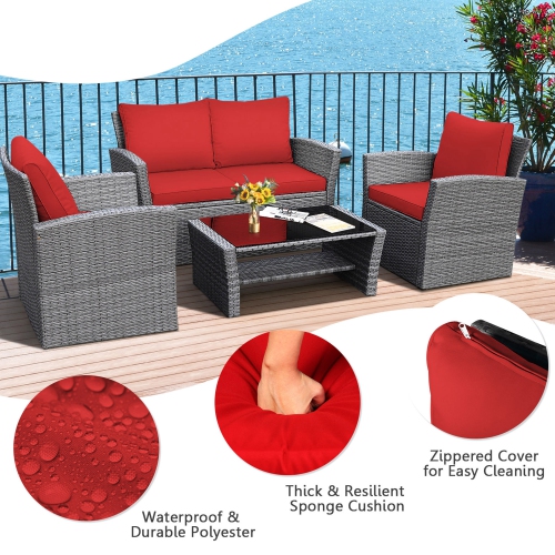 Gymax 4PCS Patio Rattan Conversation Set Outdoor Furniture Set w/ Red Cushions
