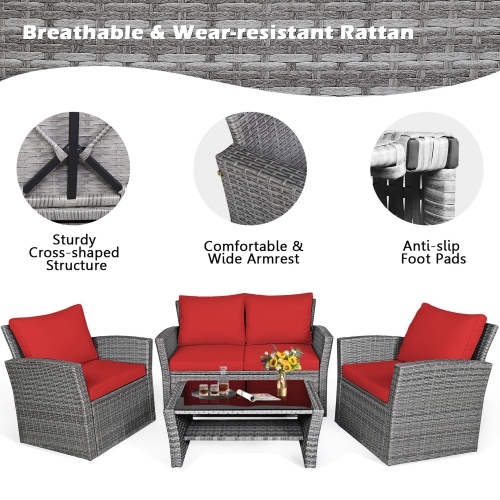 Gymax 4PCS Patio Rattan Conversation Set Outdoor Furniture Set w/ Red Cushions