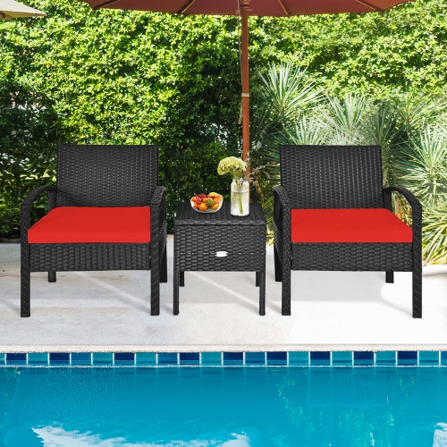 GYMAX  3PCs Rattan Patio Conversation Furniture Set W/ Storage Table Cushion In Red
