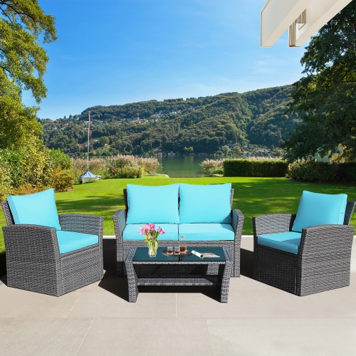 Gymax 4PCS Patio Rattan Conversation Set Outdoor Furniture Set w/ Turquoise Cushions