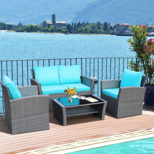 Gymax 4PCS Patio Rattan Conversation Set Outdoor Furniture Set w/ Turquoise Cushions