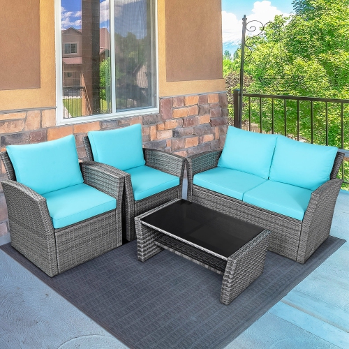 Gymax 4PCS Patio Rattan Conversation Set Outdoor Furniture Set w/ Turquoise Cushions
