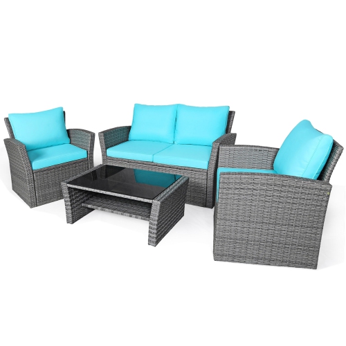 Gymax 4PCS Patio Rattan Conversation Set Outdoor Furniture Set w/ Turquoise Cushions