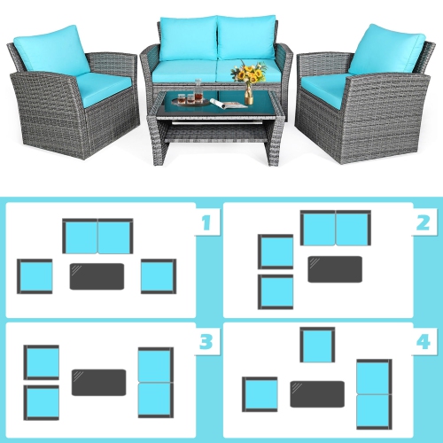 Gymax 4PCS Patio Rattan Conversation Set Outdoor Furniture Set w/ Turquoise Cushions