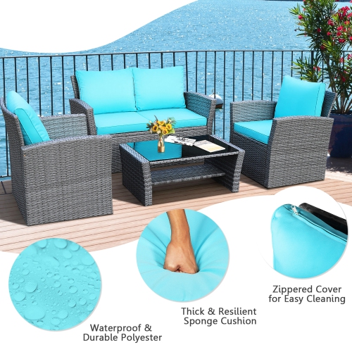 Gymax 4PCS Patio Rattan Conversation Set Outdoor Furniture Set w/ Turquoise Cushions