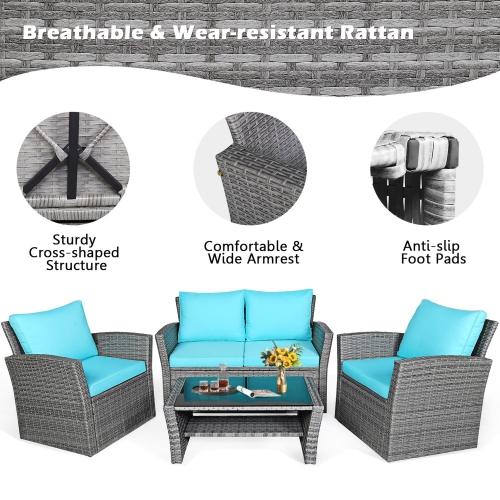 Gymax 4PCS Patio Rattan Conversation Set Outdoor Furniture Set w/ Turquoise Cushions