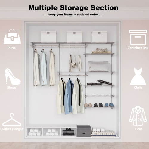 Gymax Custom Closet Organizer Kit 4 to 6 FT Wall-mounted Closet System w/Hang Rod Grey
