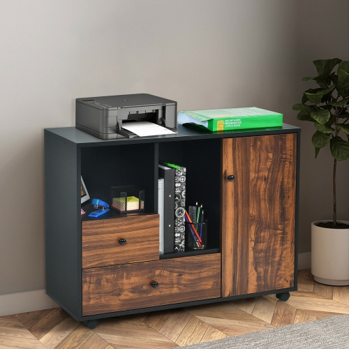 Gymax Lateral Mobile Filing Cabinet Large Printer Stand w/2 Drawers Open Shelves Black
