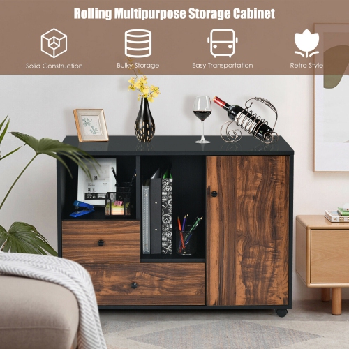 Gymax Lateral Mobile Filing Cabinet Large Printer Stand w/2 Drawers Open Shelves Black
