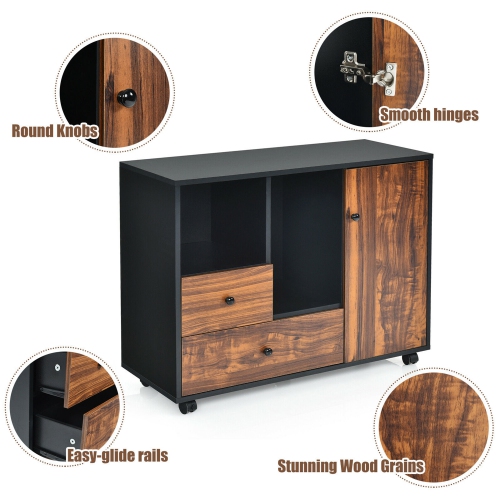 Gymax Lateral Mobile Filing Cabinet Large Printer Stand w/2 Drawers Open Shelves Black