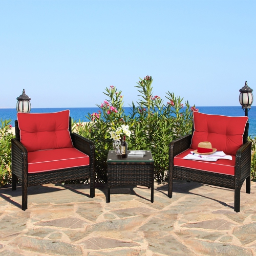 GYMAX  3PCs Patio Outdoor Rattan Furniture Set W/ Coffee Table Cushion In Red