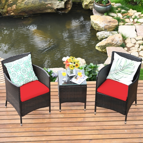 GYMAX  3PCs Patio Outdoor Rattan Furniture Set W/ Cushioned Chairs Coffee Table